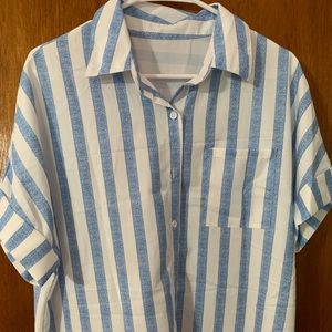 Blue and White Vertical Striped Half Sleeve Blouse